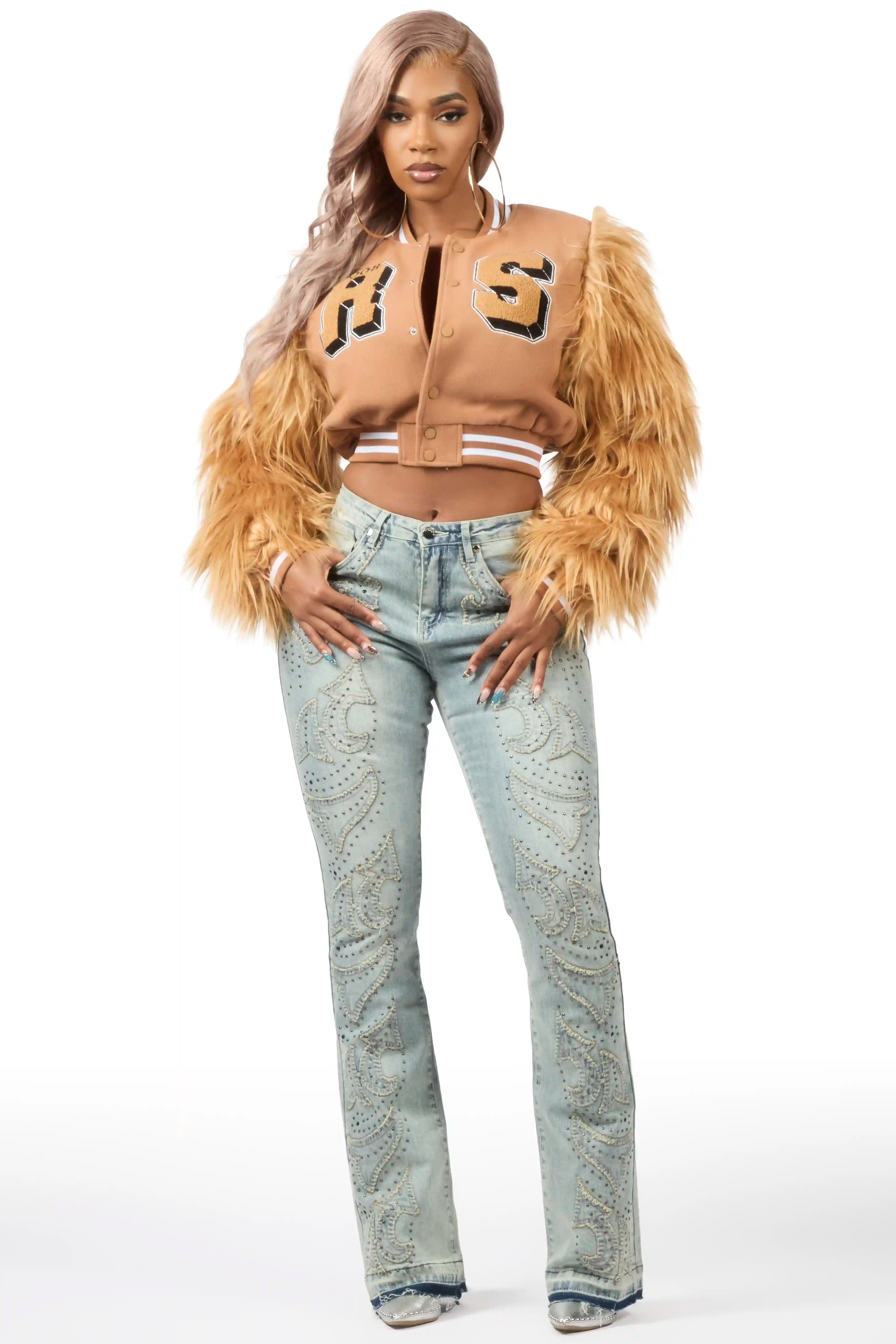 Jameicia Mocha Fur Sleeve Varsity Jacket
