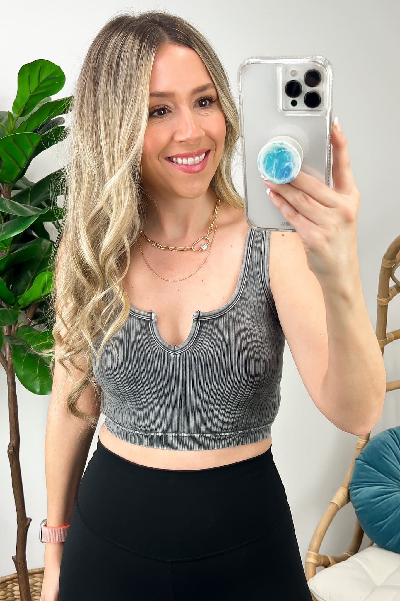 Mineral Wash Ribbed Split Neck Crop Tank