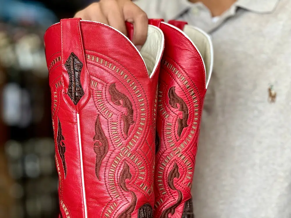 Men’s Brown Crocodile Leather Boots With Red Shaft