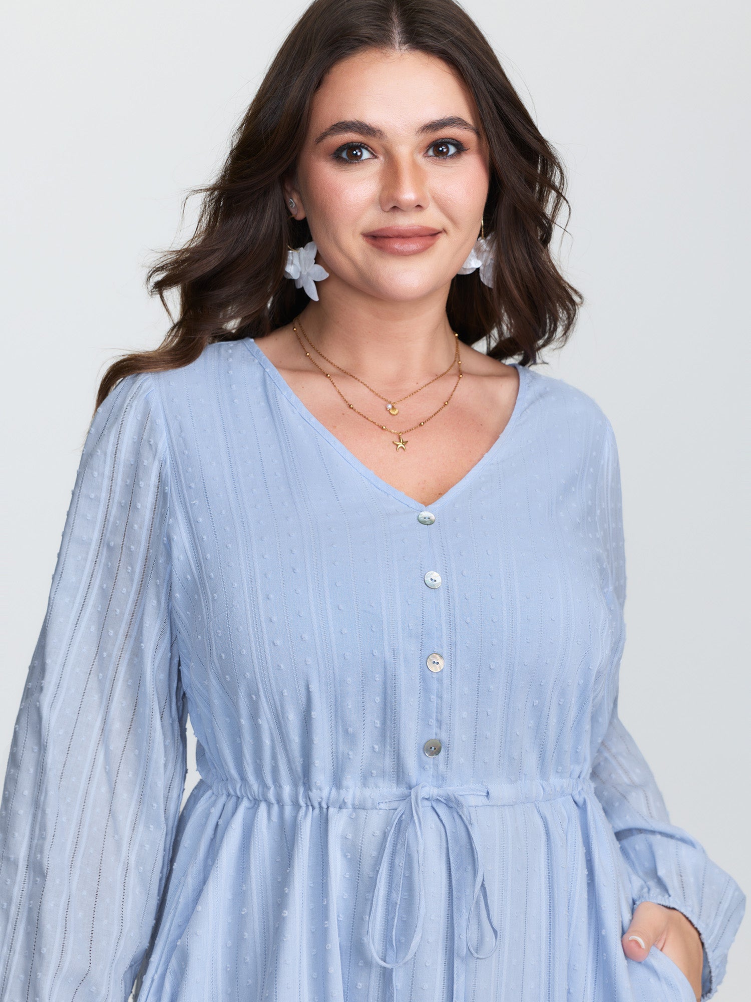 Cotton Striped Waist-Drawstring Tiered Midi Dress