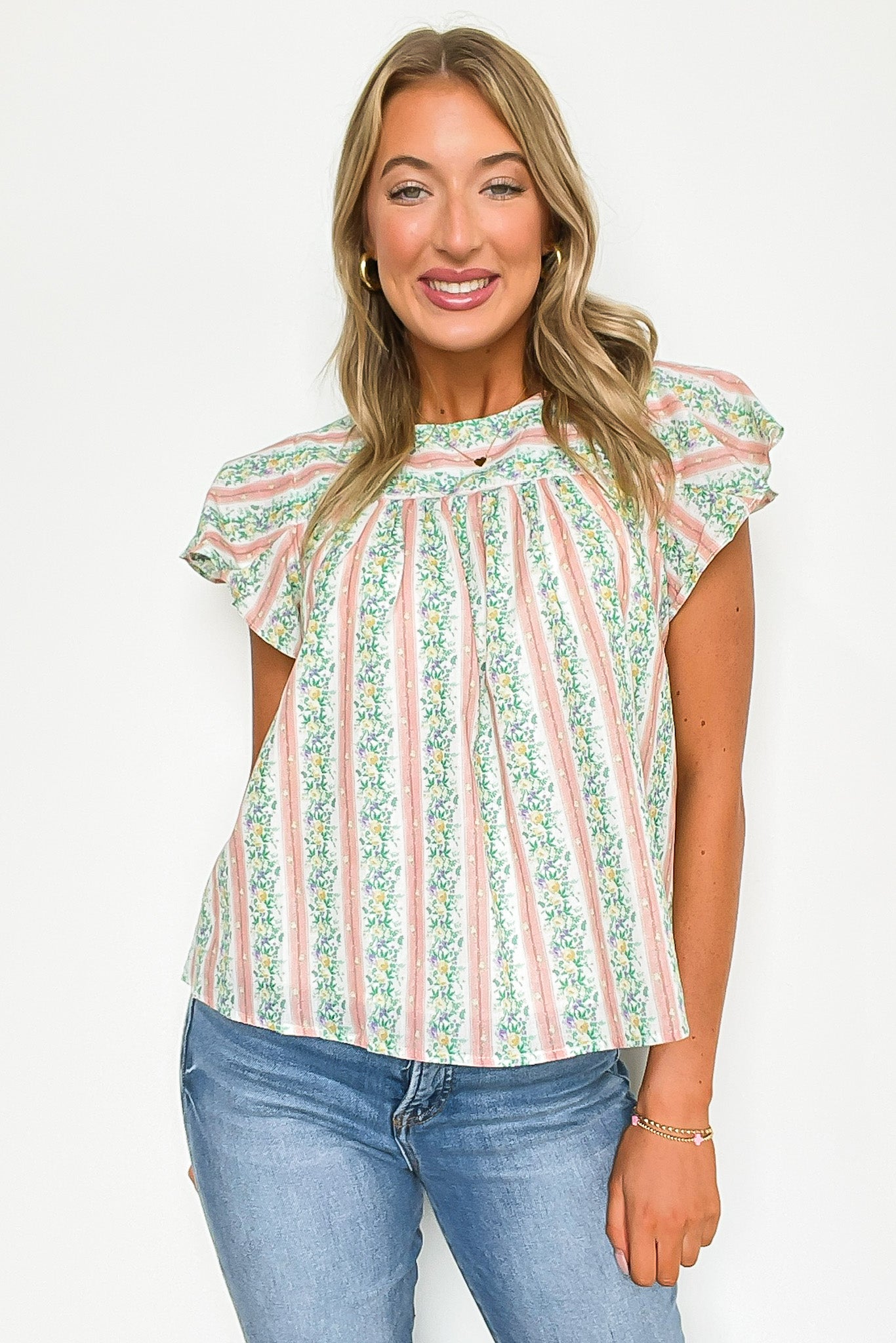 Floral Striped Round Neck Ruffle Sleeves Top