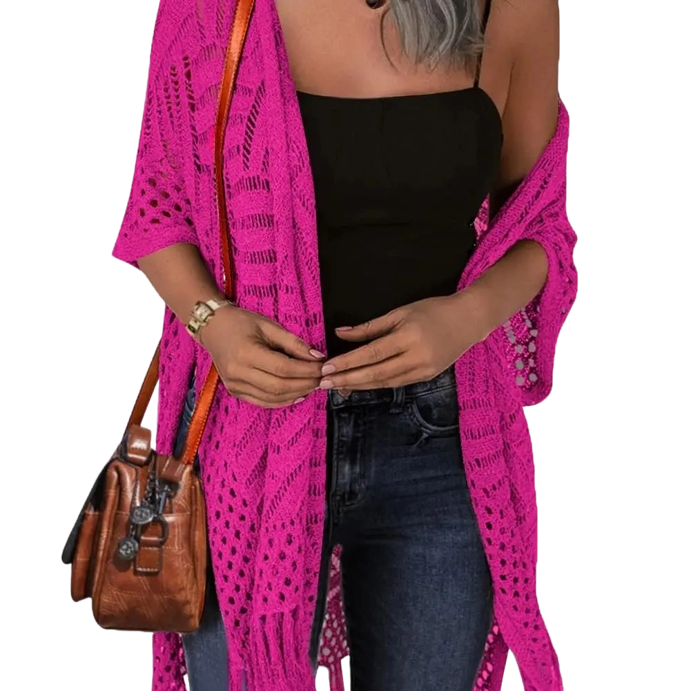 Womens Knit Cardigan Open Front Outwear New Spring & Summer Hollow Out Crochet Tassel Lightweight Kimonos Sweater