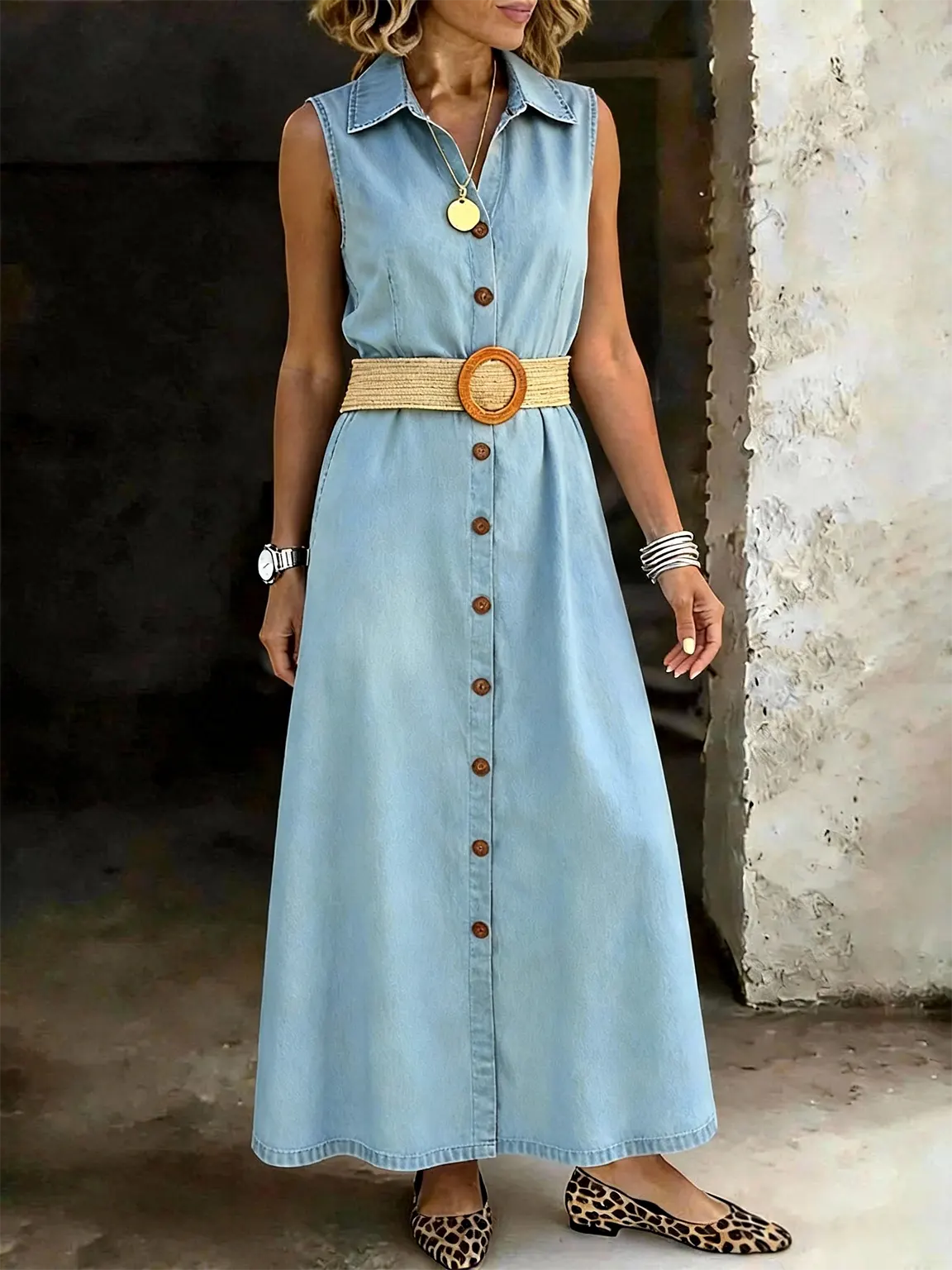 Women's Lapel Sleeveless Buttons Denim Maxi Skirt