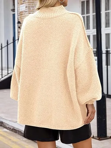 ✨Womens Oversized Mock Neck Batwing Long Sleeve Ribbed Knit Casual Tunic Sweater🔥