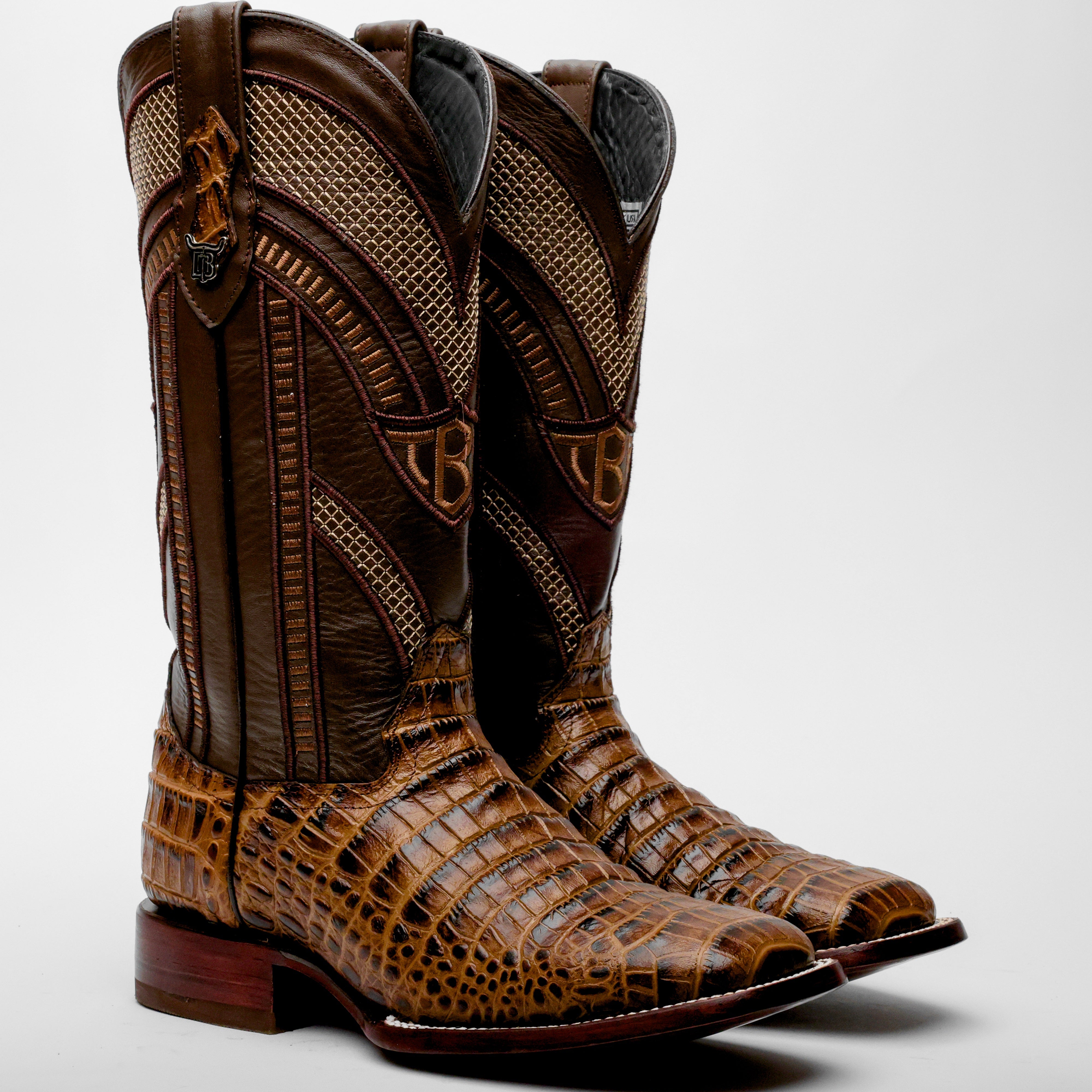 Honey Caiman Belly Leather Boots - Square Toe