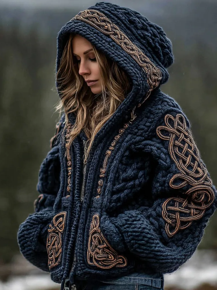 Women's Viking Celtic Knot Cozy Warm Knit Full Zip Hooded Sweater