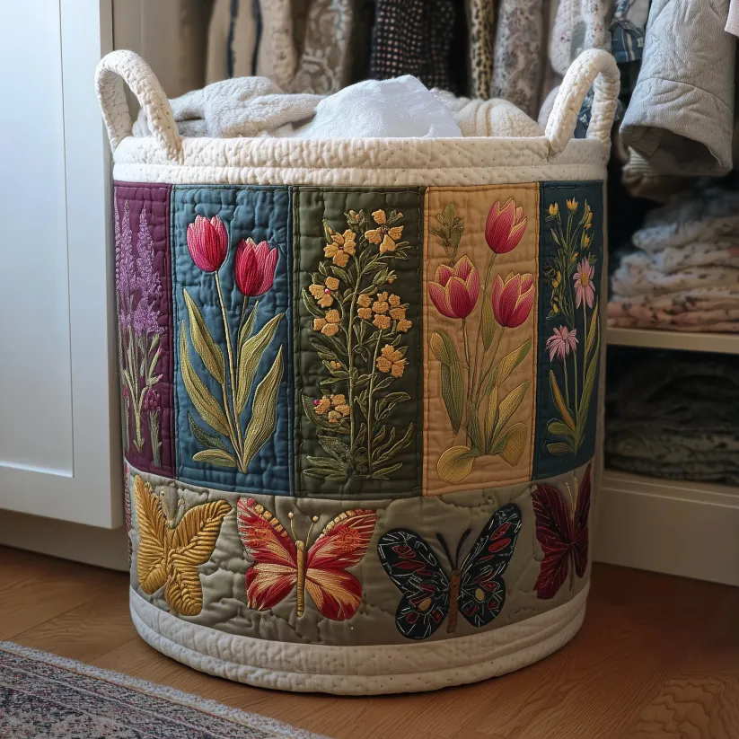 Natural Scenery and Floral Quilted Laundry Basket