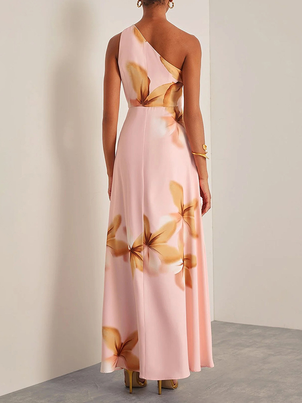 Flower Printed Off-The-Shoulder Asymmetric Split-Side Elegant Evening Maxi Dresses