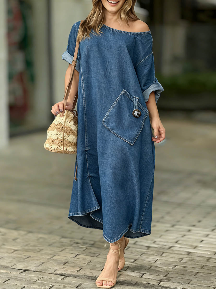 Women's Round Neck 3/4 Sleeve Casual Loose Denim Dress