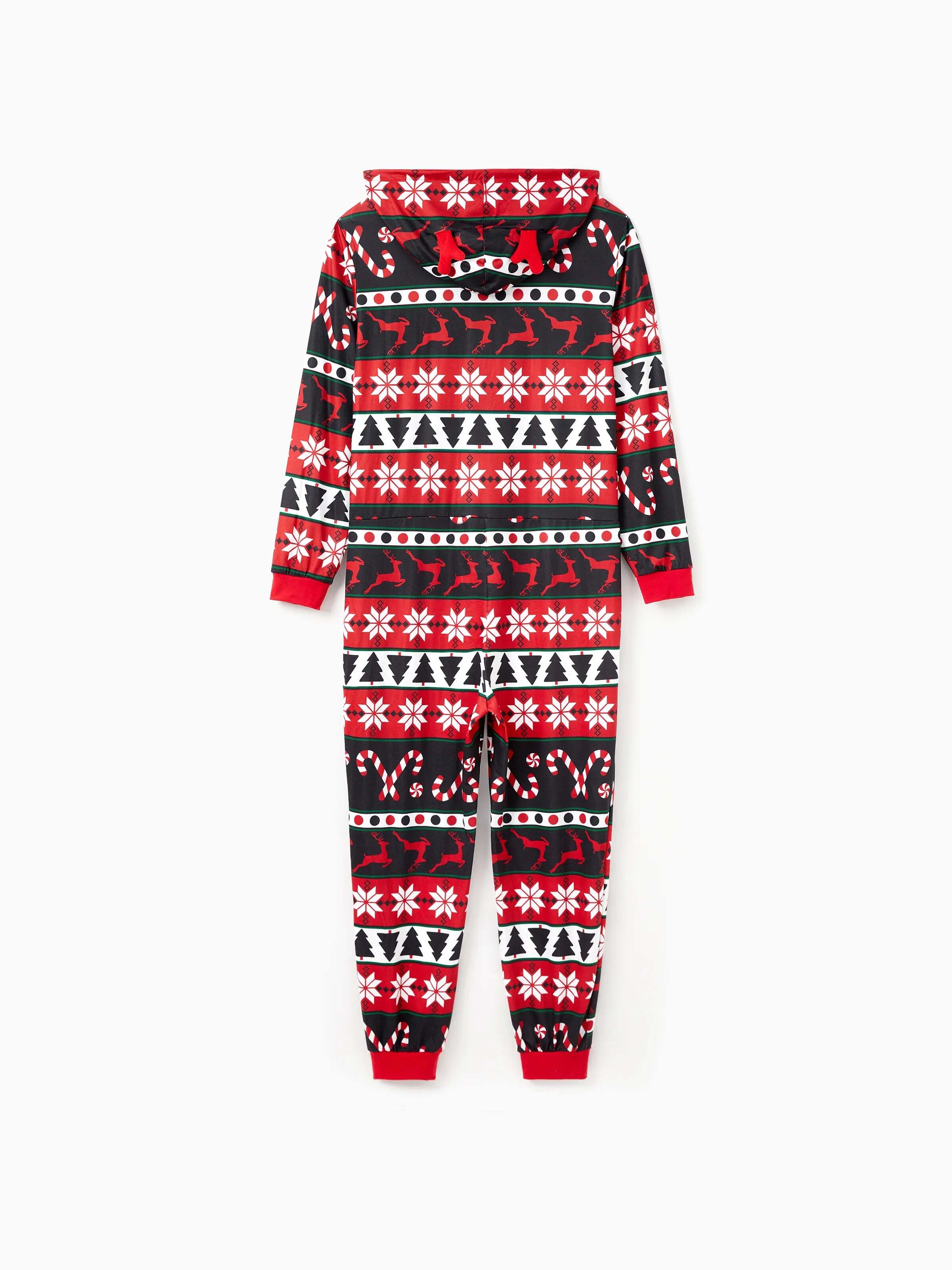 Christmas Pajamas 3D Reindeer Pattern Zipper Hooded Onesies Matching Family Outfits red/black