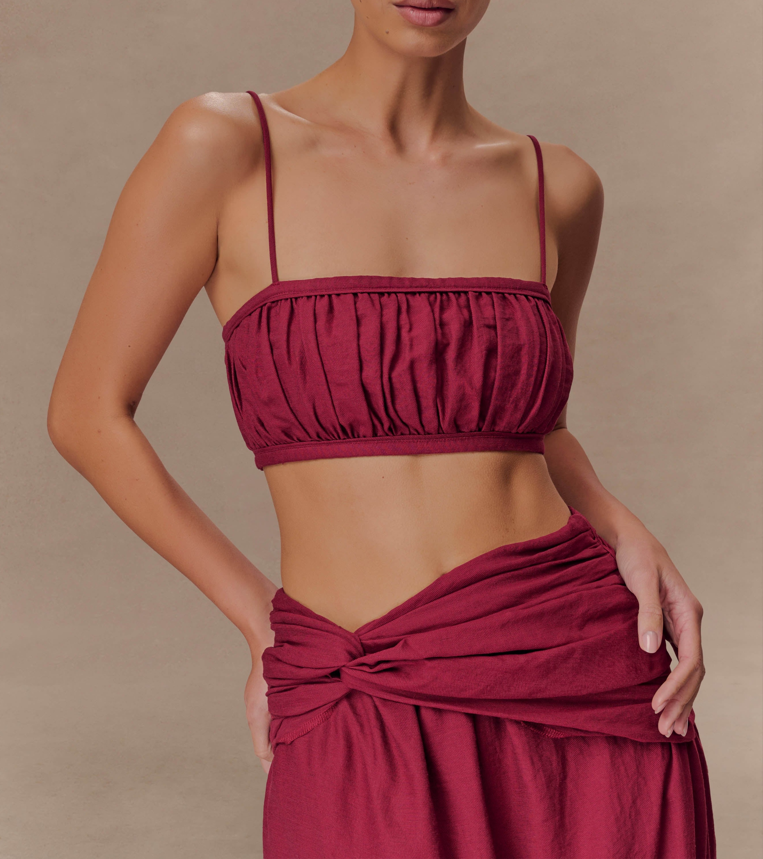Wine Shirred Linen Bandeau