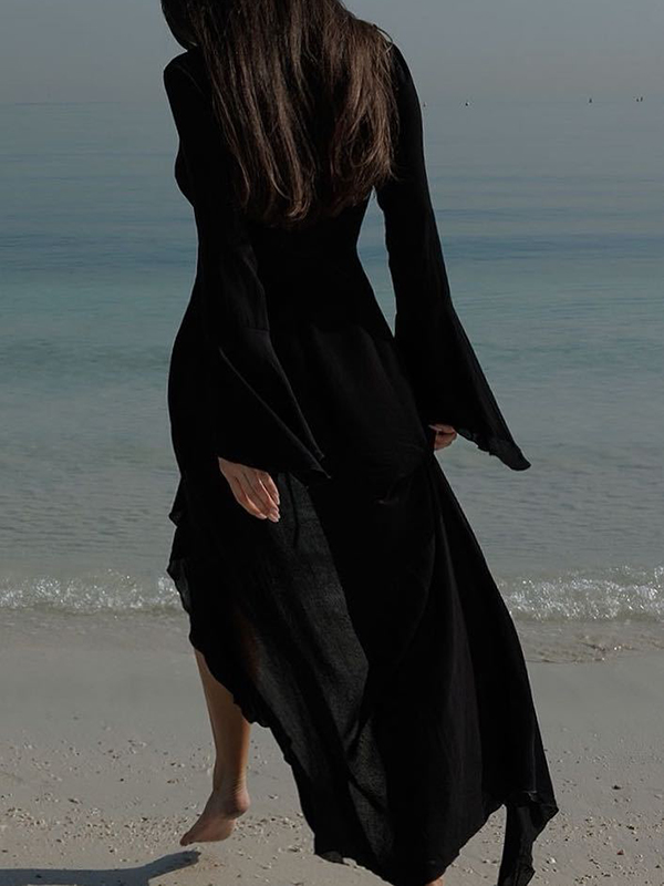 Solid Color Ruffled Long Sleeves Vacation Cover-Ups Maxi Dresses