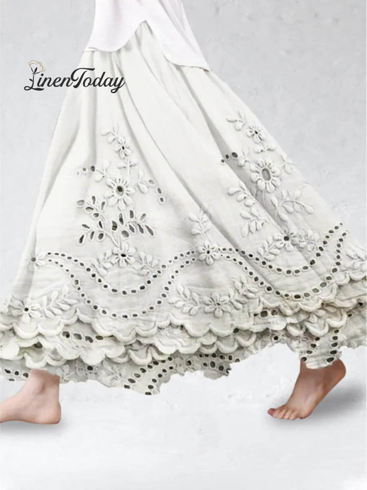Women's Vintage Floral Art Pattern Solid Color Loose Elegant 3D Printed Cotton And Linen Skirt