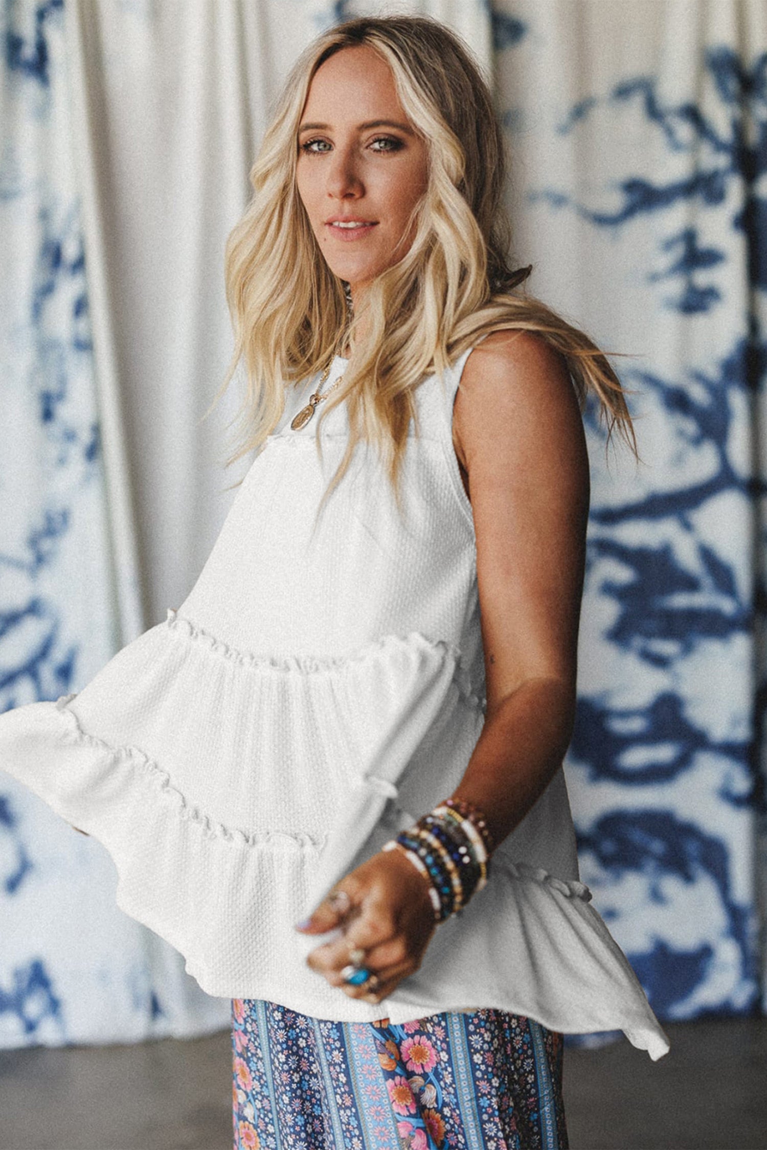 White Tiered Frill Trim A-line Tank Top