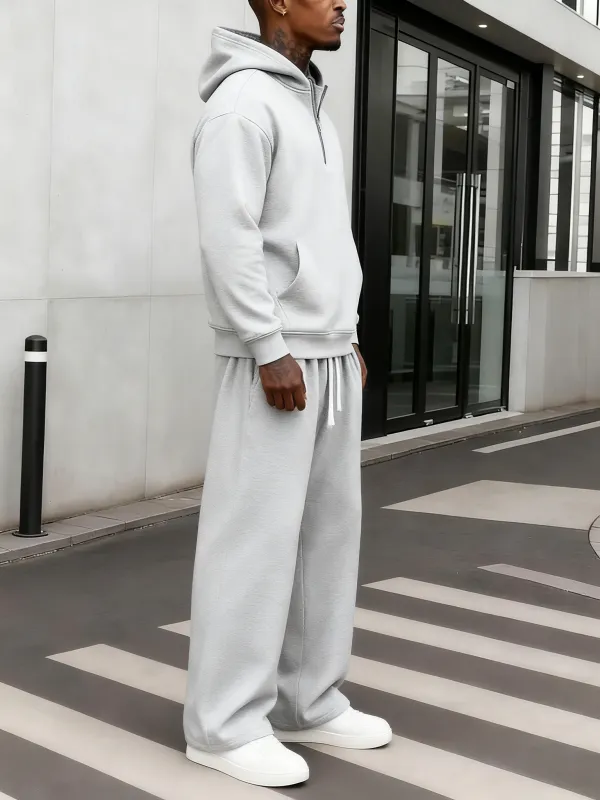 Men's Plain Two-piece Sweatsuit Set, Basic Regular Fit Casual Drop Shoulder Half Zip Hoodie & Pocket Drawstring Sweatpants