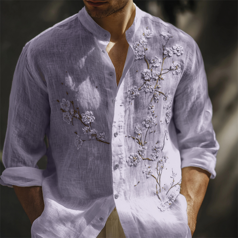 Men's Classy White Almond Blossom Embroidered Linen Shirt