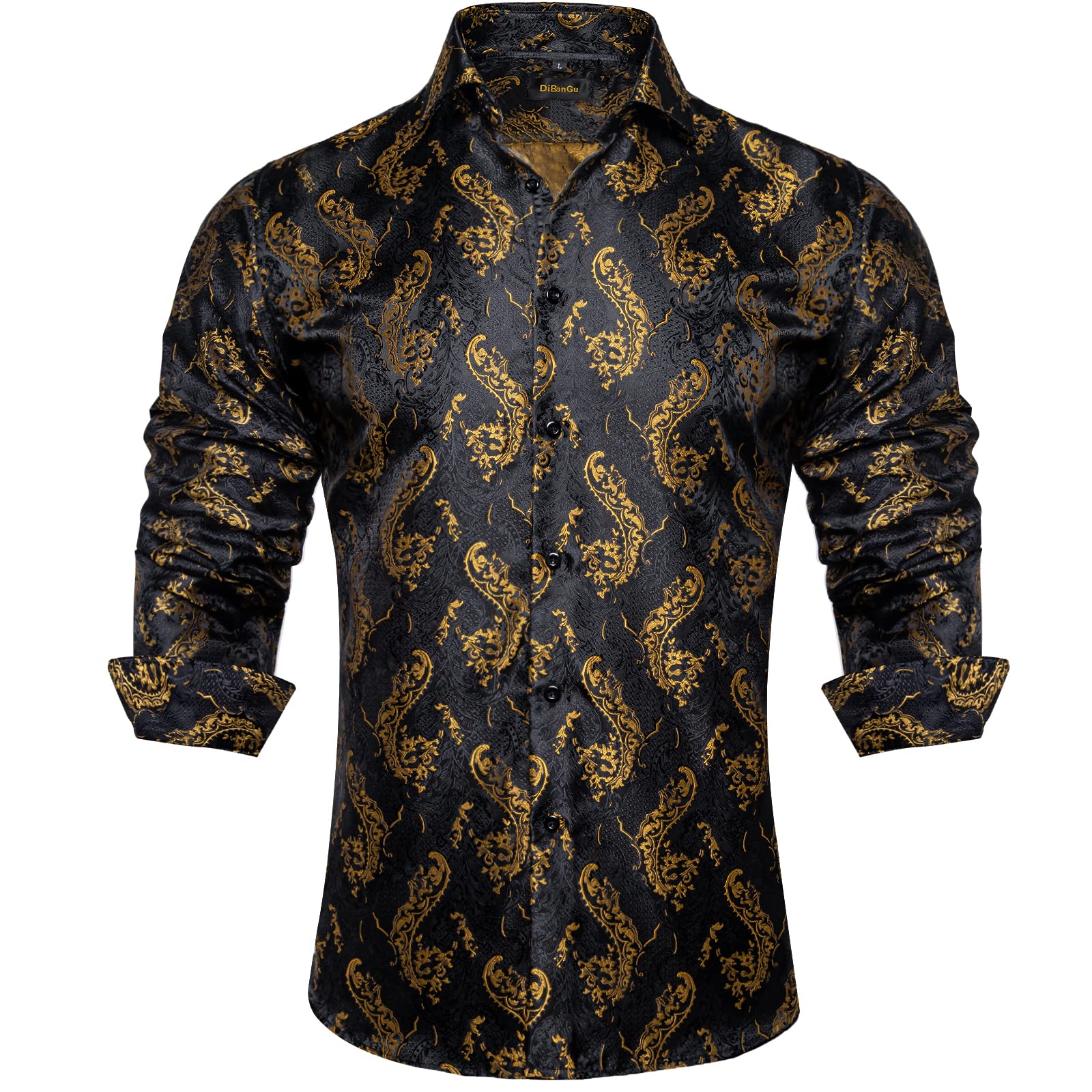 Men's Paisley Dress Shirt Long Sleeve Wrinkle Free Button Down Cowboy Shirts - Black&gold&paisley