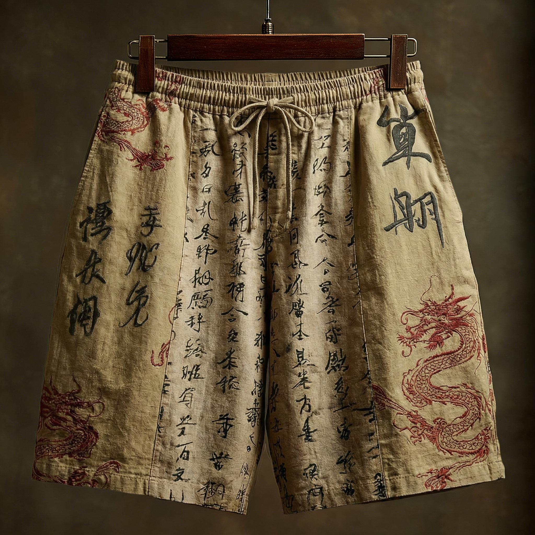 Men's Japanese Calligraphy And Dragon Art Linen Shorts