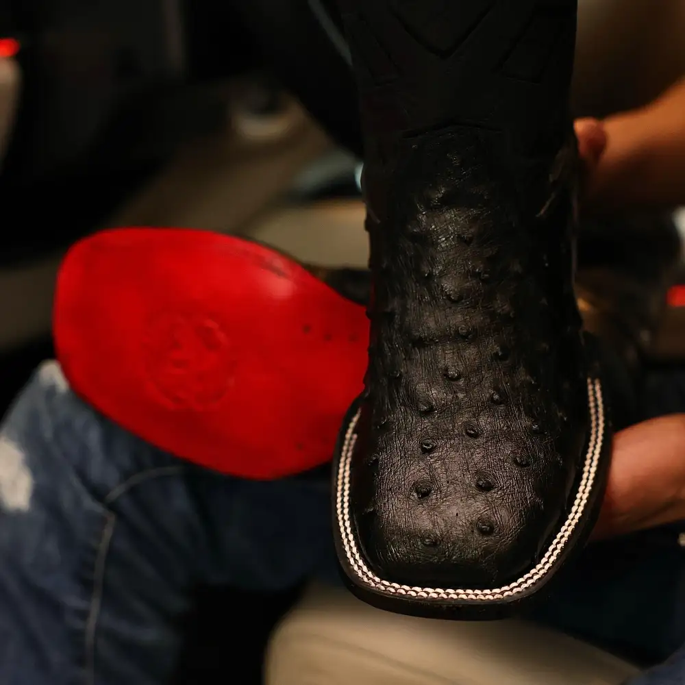 Black Ostrich Leather Boots - Square Toe