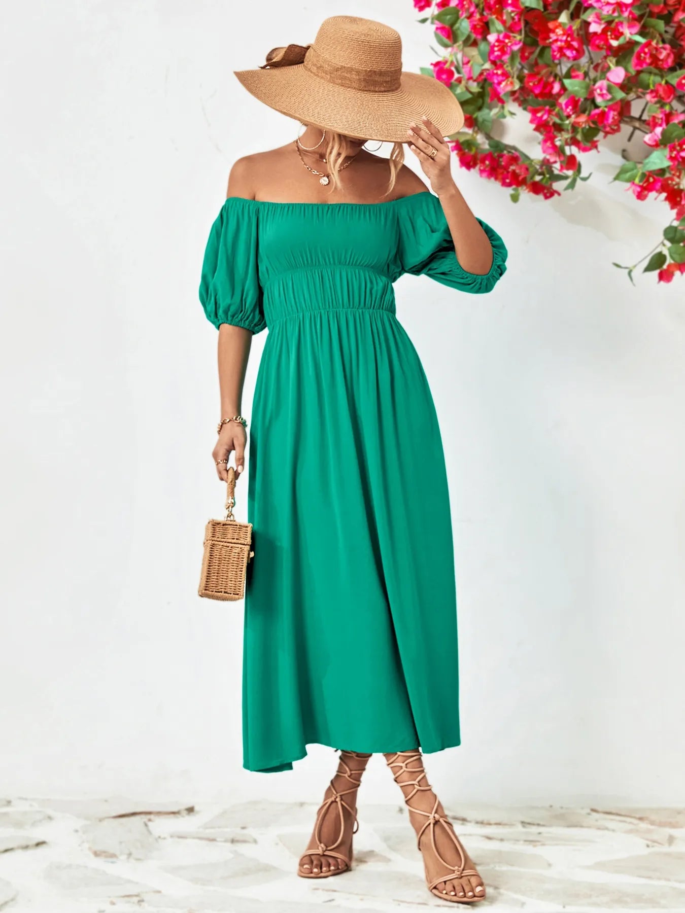 Off-Shoulder Puff Sleeve Smocked Maxi Dress