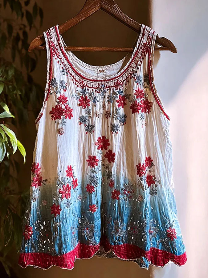 Women'S American Independence Day 250Th Anniversary Flower Printed Linen Casual Tank Top