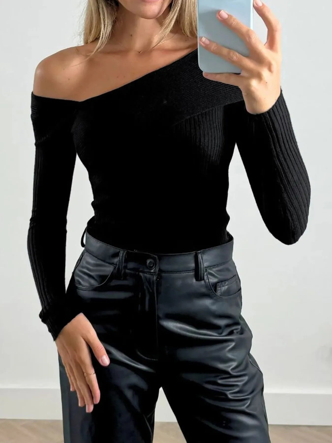 Off-Shoulder Ribbed Knit Top