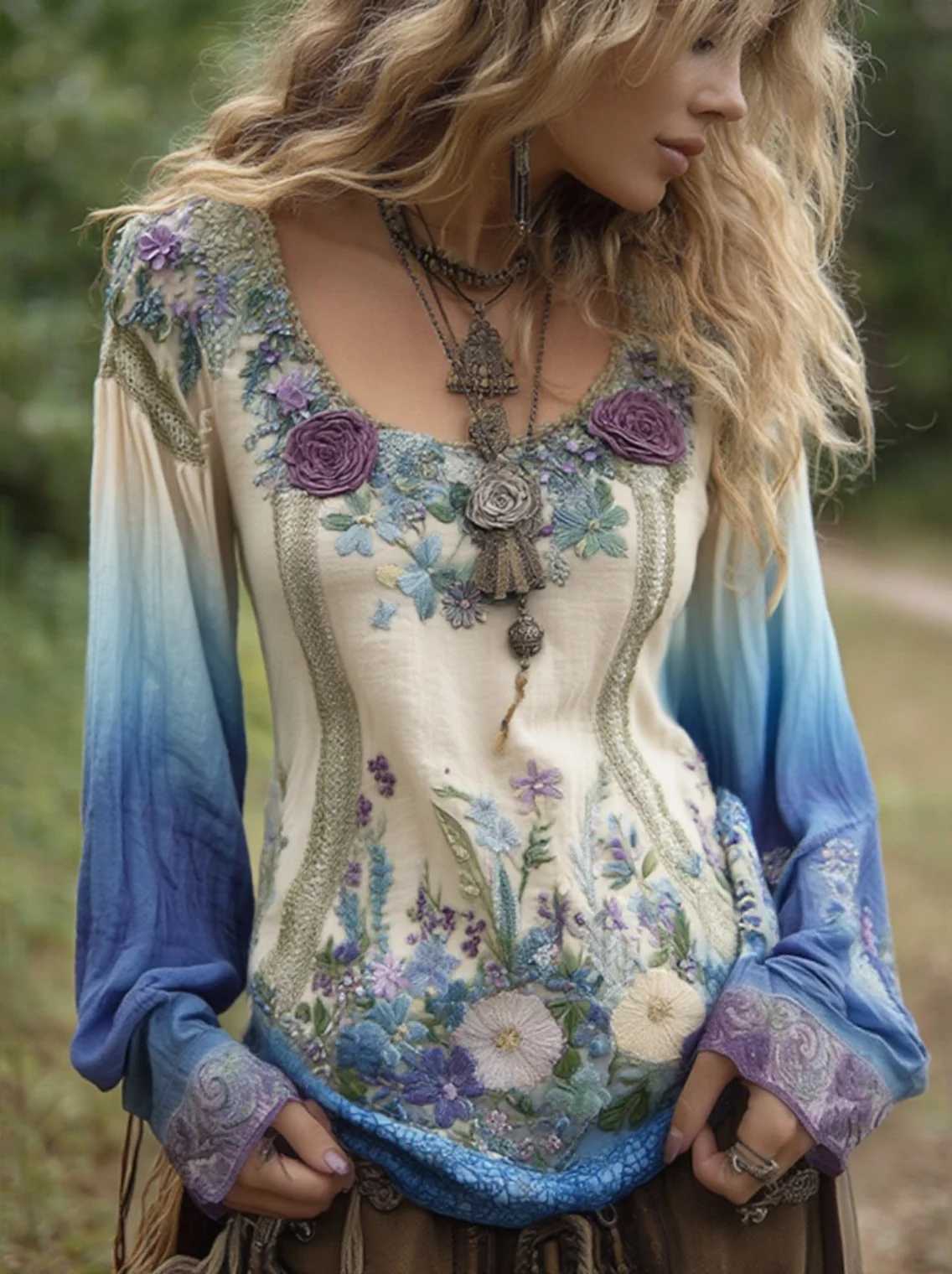 Classy Gradient Purple Lavender And Floral Embroidered Linen Long Sleeve Shirt