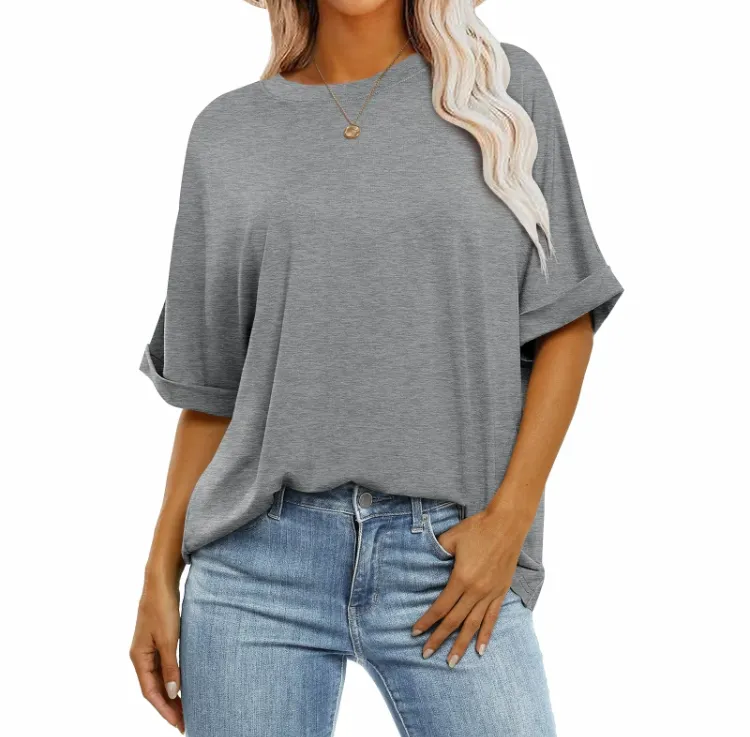 2025 Women's Oversized T-Shirt - Crewneck, Short Roll Sleeves, Relaxed Fit