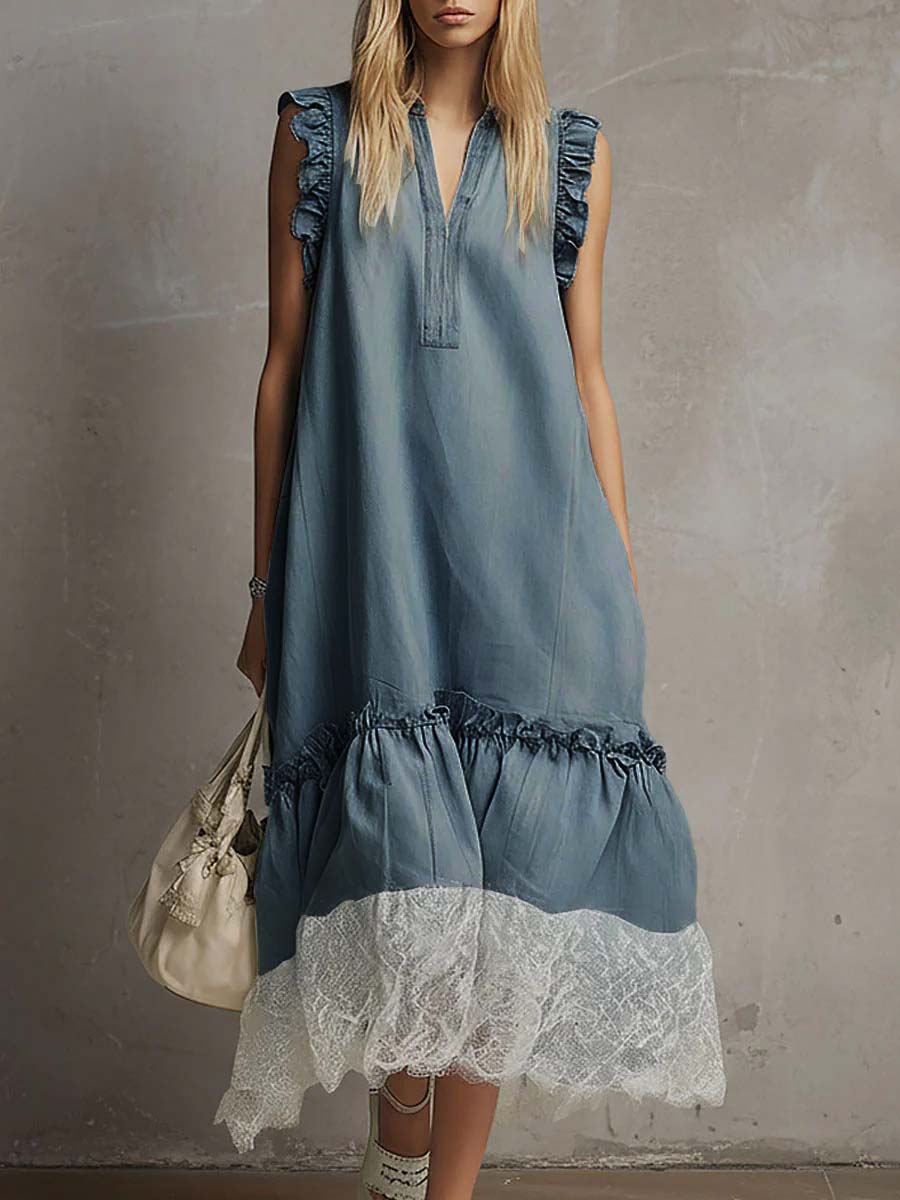 Women's V-neck Sleeveless Casual Loose Denim Patchwork Dress
