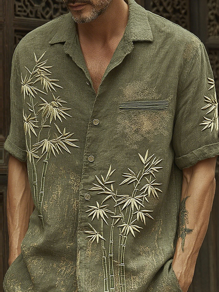 Men's Vintage Bamboo Embroidery Art Short Sleeve Linen Blend Shirt