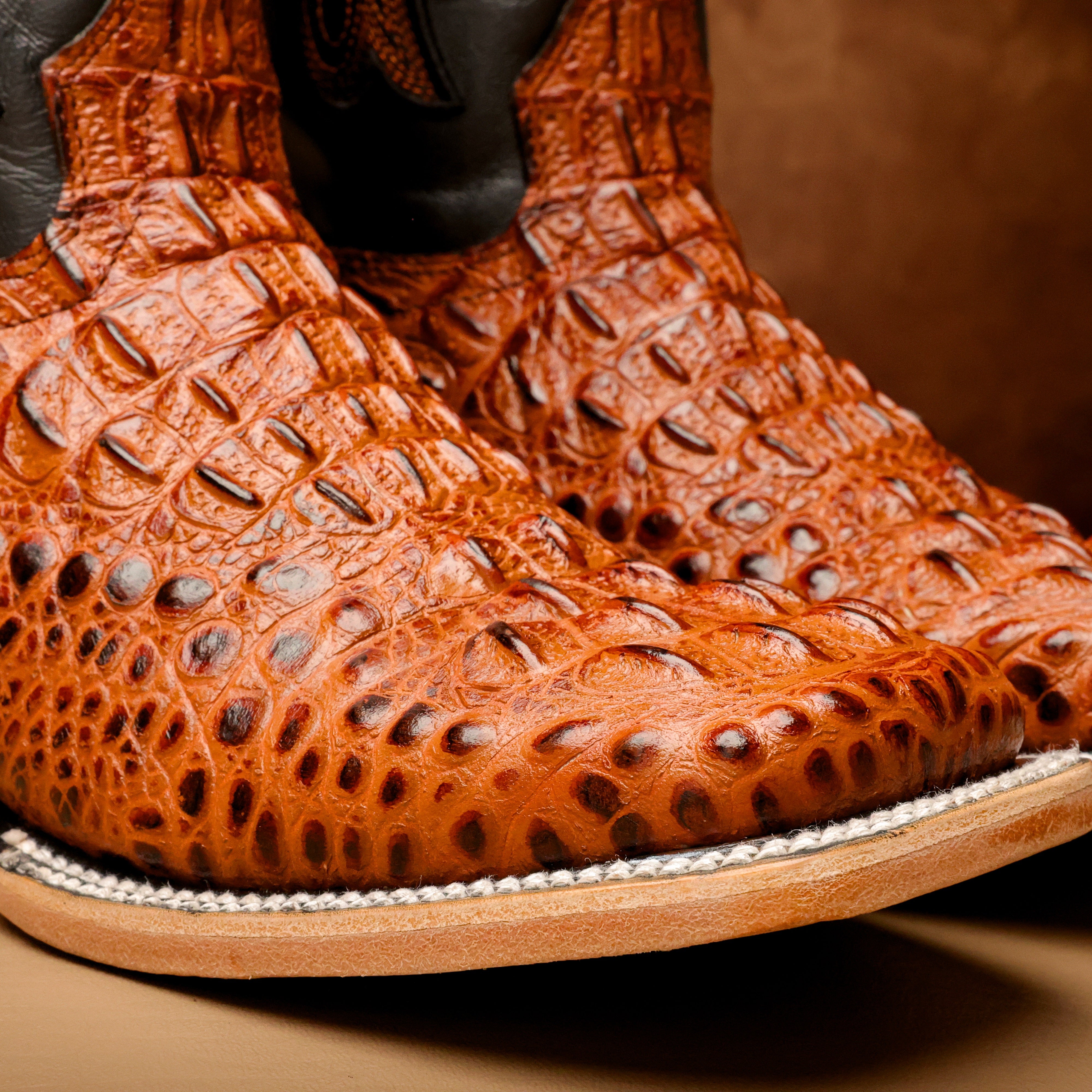 Cognac Caiman Neck Leather Boots - Square Toe