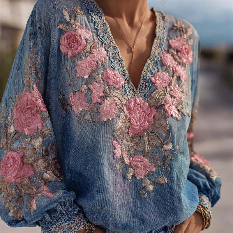 Boho Pink Roses Embroidered Denim Blue Tunic