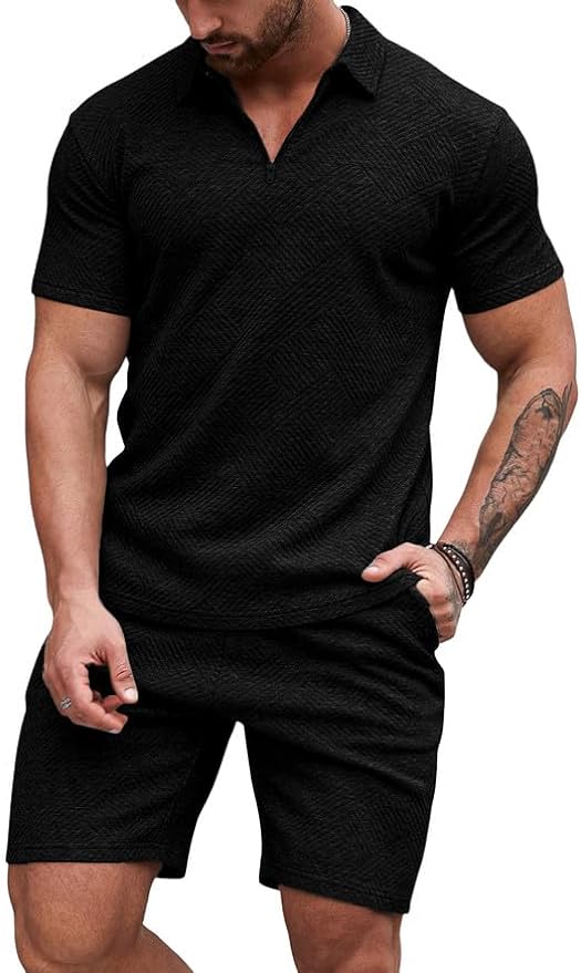 Men's Polo Shirt and Shorts Set Soild Color Geometric Texture Casual Short Sleeve 2 Piece Outfits Sweatsuits Summer