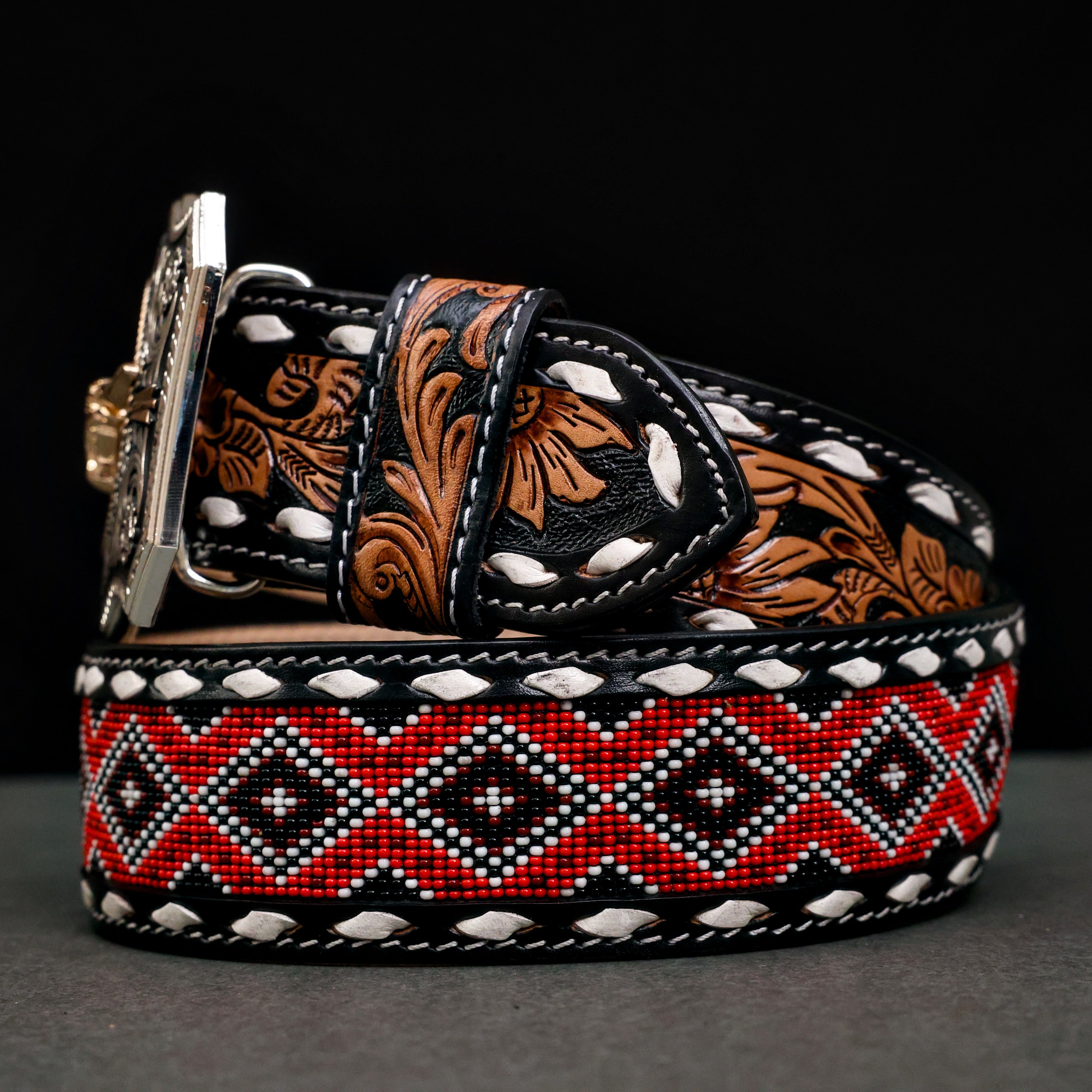 2 Inch Hand-Tooled Artesanal Beaded Leather Belt