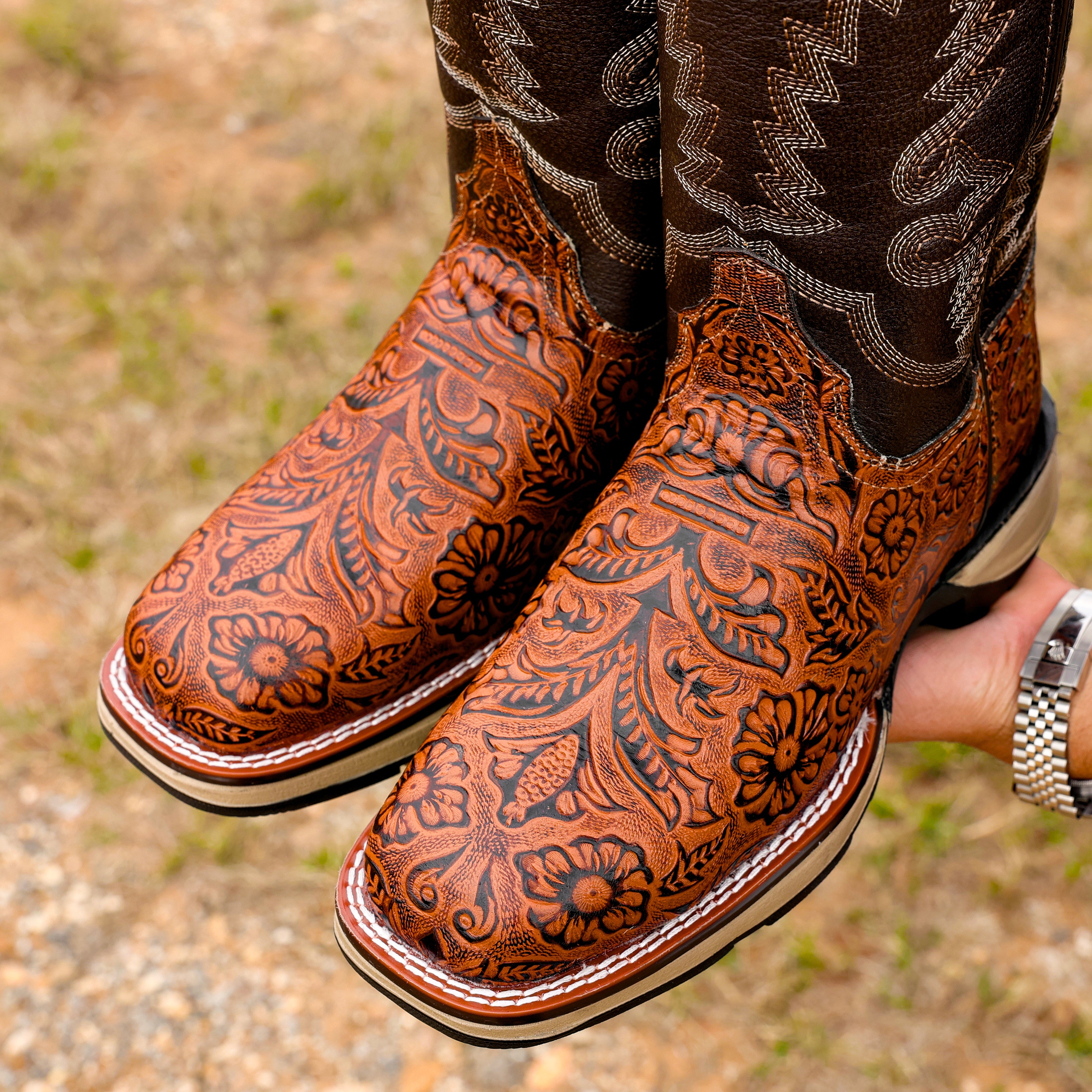 Cognac Hand-Tooled Leather Boots - Composite Toe