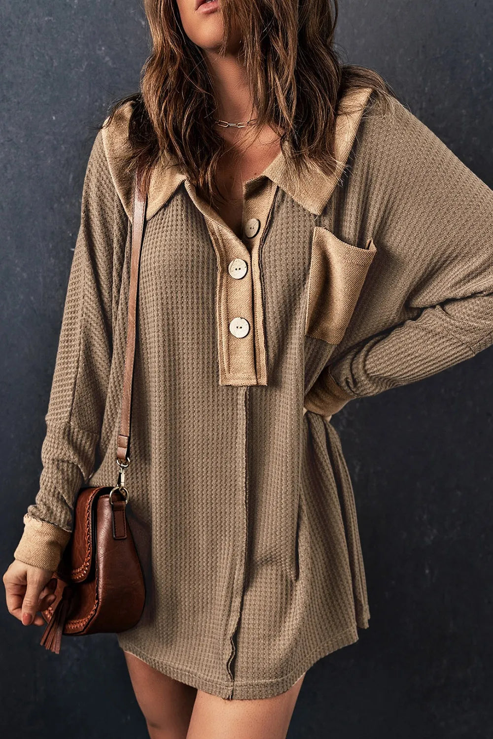 Waffle Knit Button Front Dress