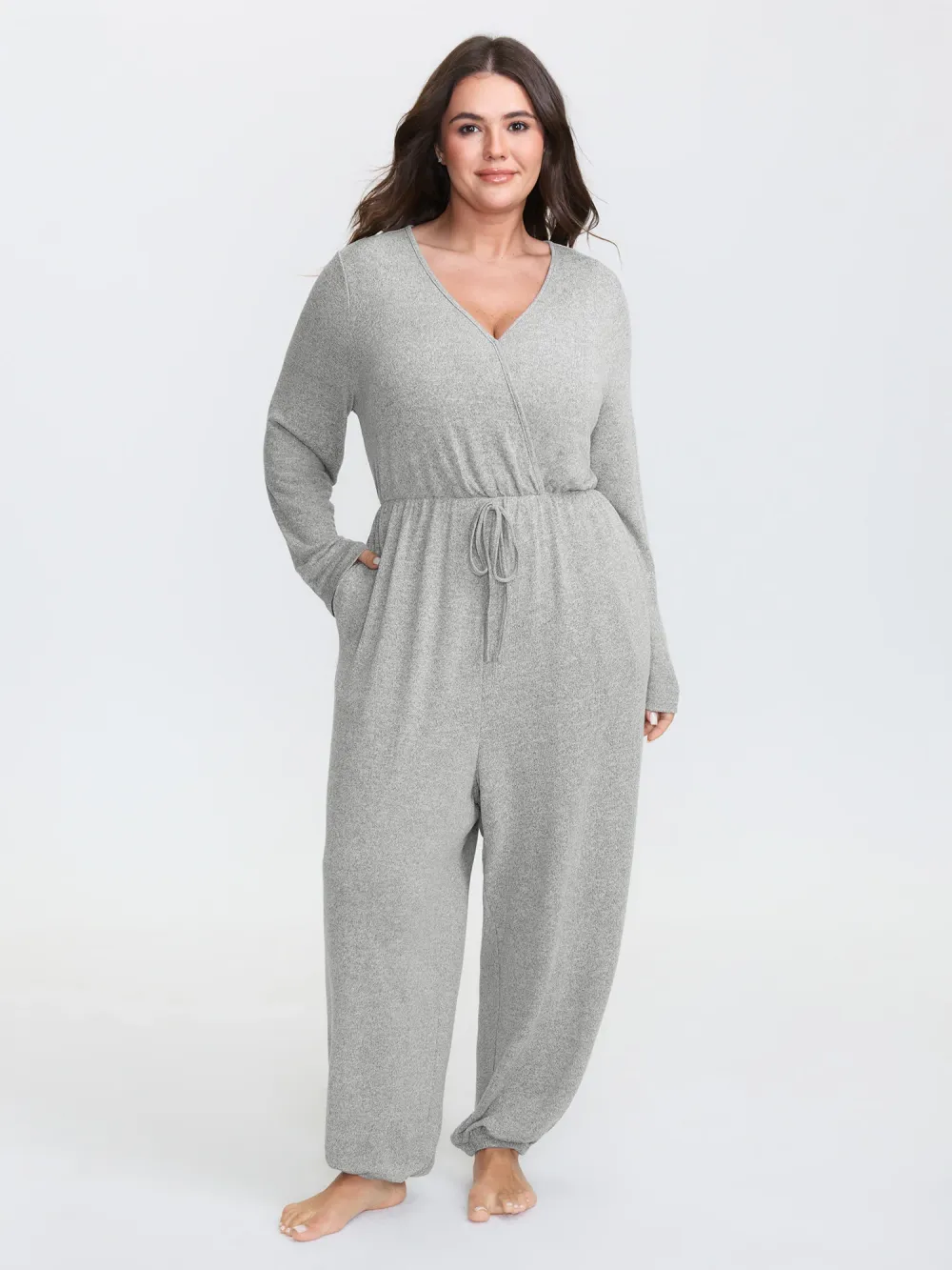 Soft Fitted Lounge Jumpsuit with Tie Neck & Side Pockets