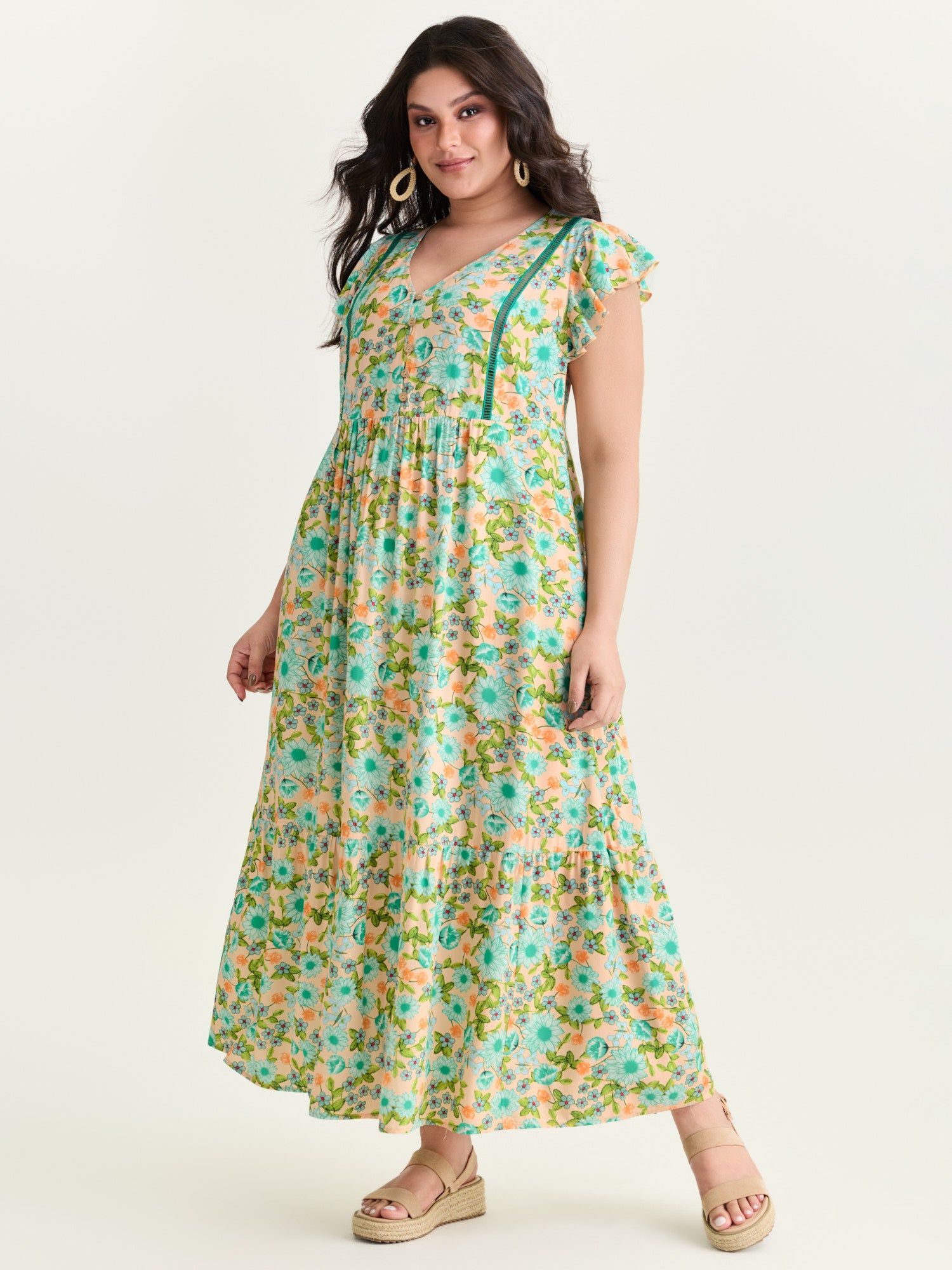 Sweet Floral Lace Trim Tiered Maxi Dress