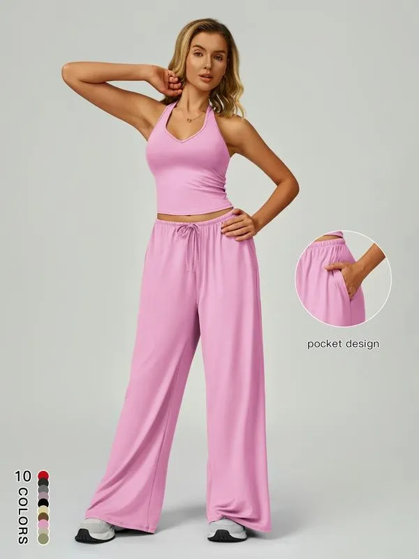 Women's Solid Crop Tank Top & Wide Leg Pants Set