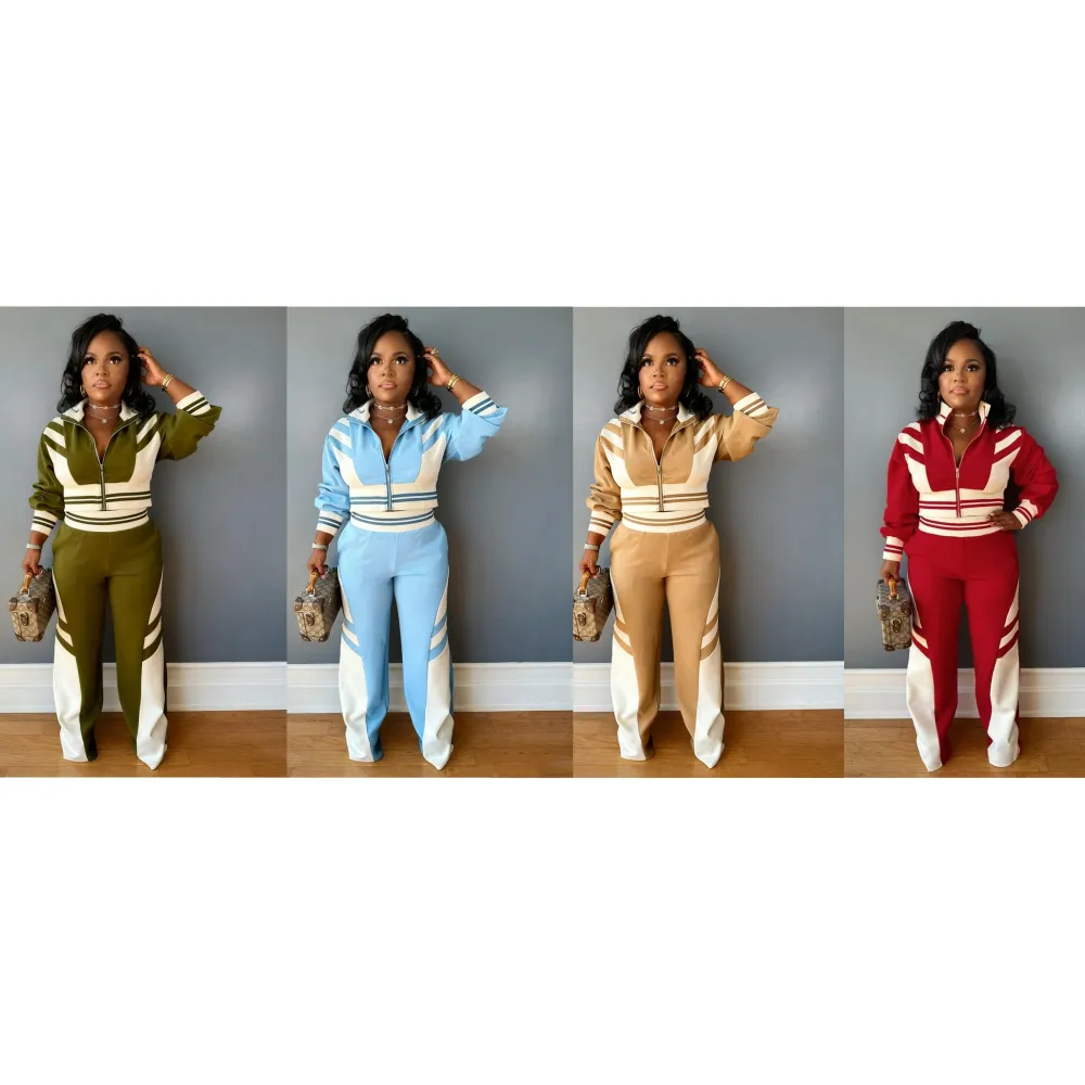 Women's Colorblock Print Zip Up Long Sleeve Crop Jacket & Pants Two-piece Set