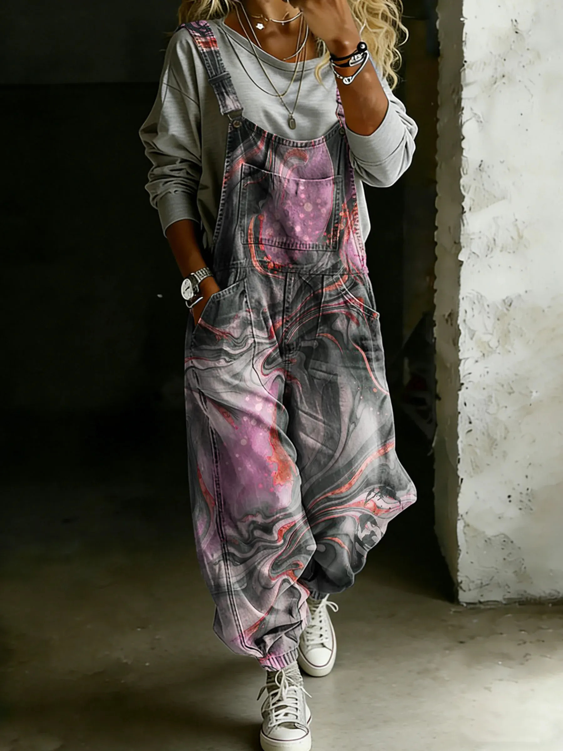 Women’s Vintage Waves Art Print Casual One Piece Denim Jumpsuit