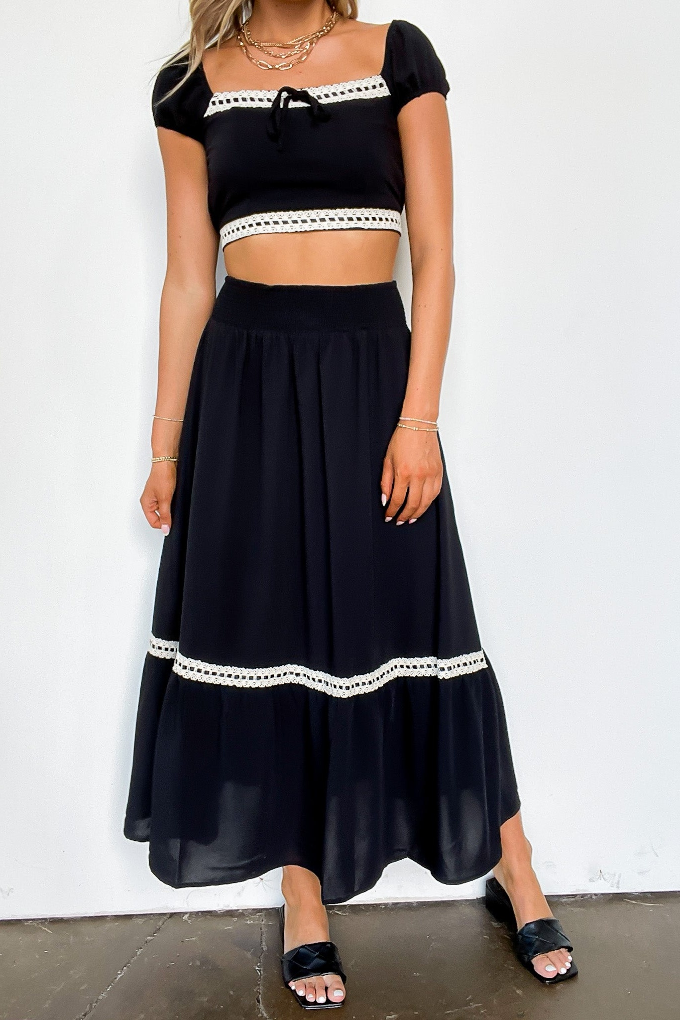 Midnight Lace Contrast Trim Smocked Waist Midi Skirt and Top Set