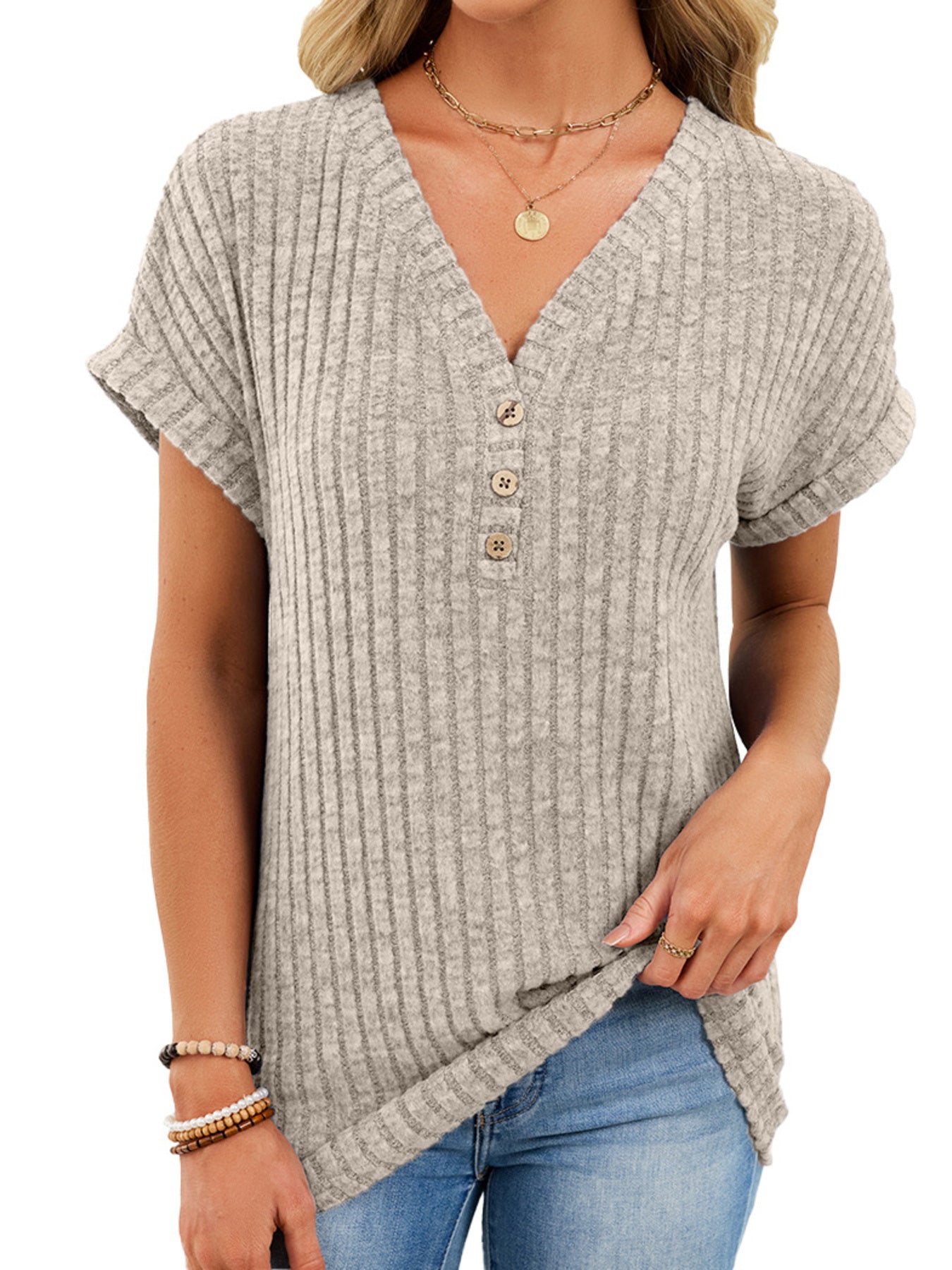Ribbed Knit V-Neck T-Shirt