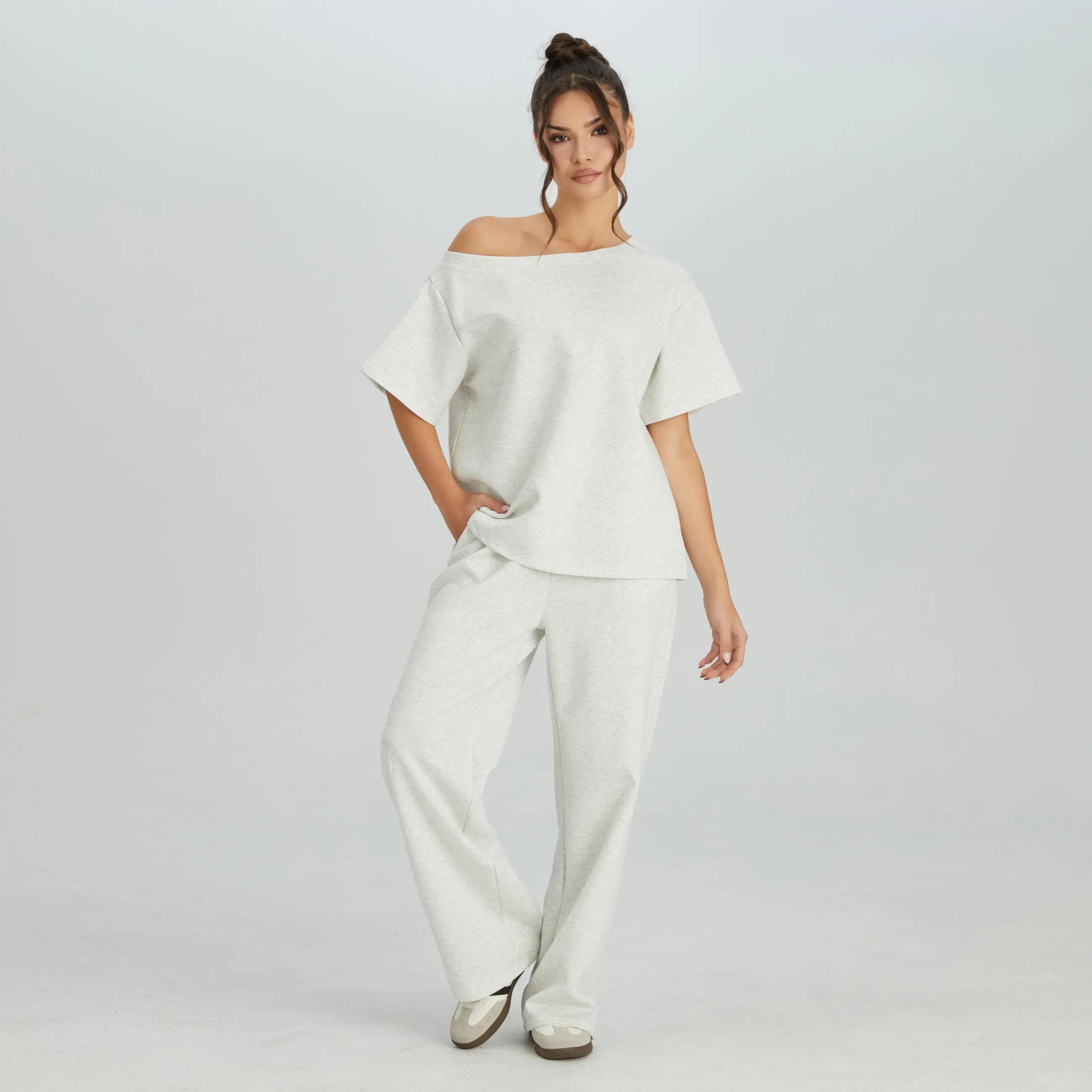 Women's Simple Style Solid Color Sloping Shoulder Short Sleeve Top & Drawstring Waist Wide Leg Trousers Co-ord Set