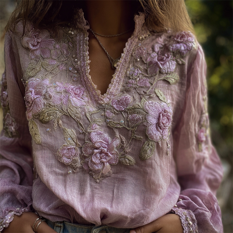 Vintage Lavender Flowers Vines Embroidered Linen Tunic