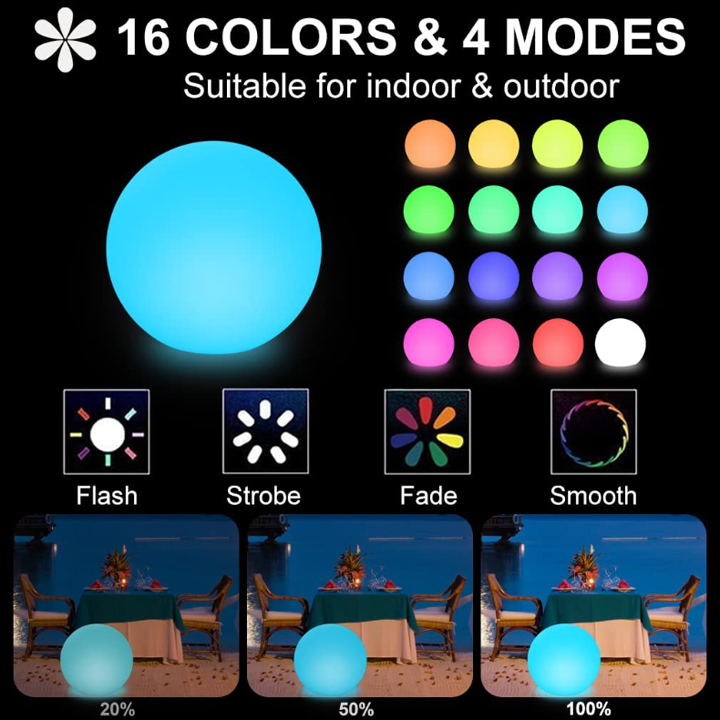 Cordless LED Glowing Ball Light - 16 RGB Color Changing Waterproof Floating Ball Lamp w/Remote