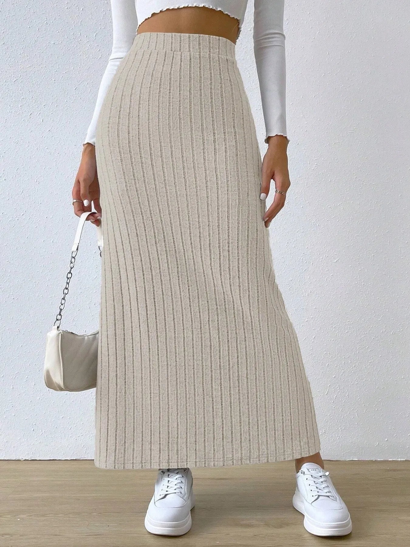High Waist Ribbed Knit Maxi Skirt