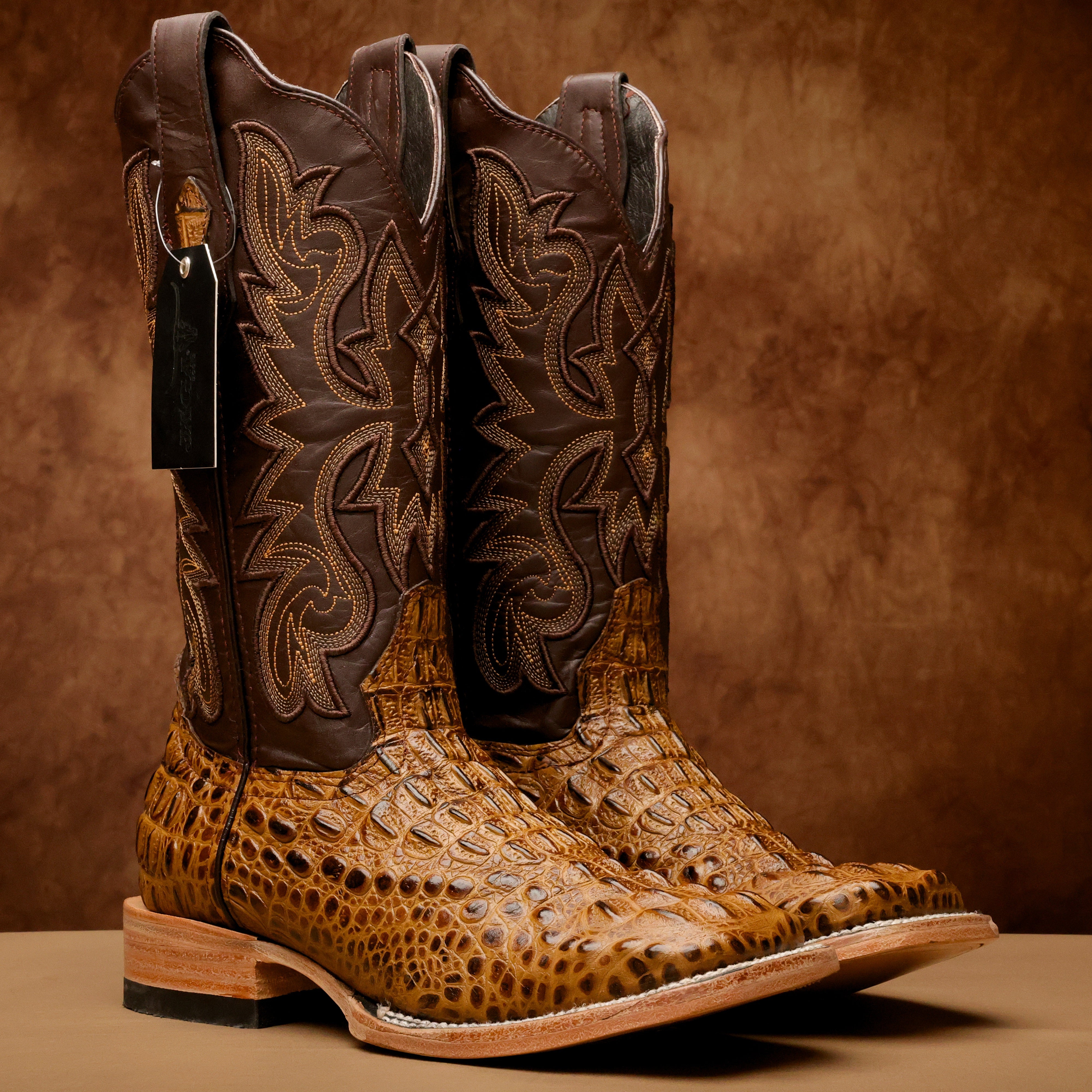 Honey Caiman Neck Leather Boots - Square Toe