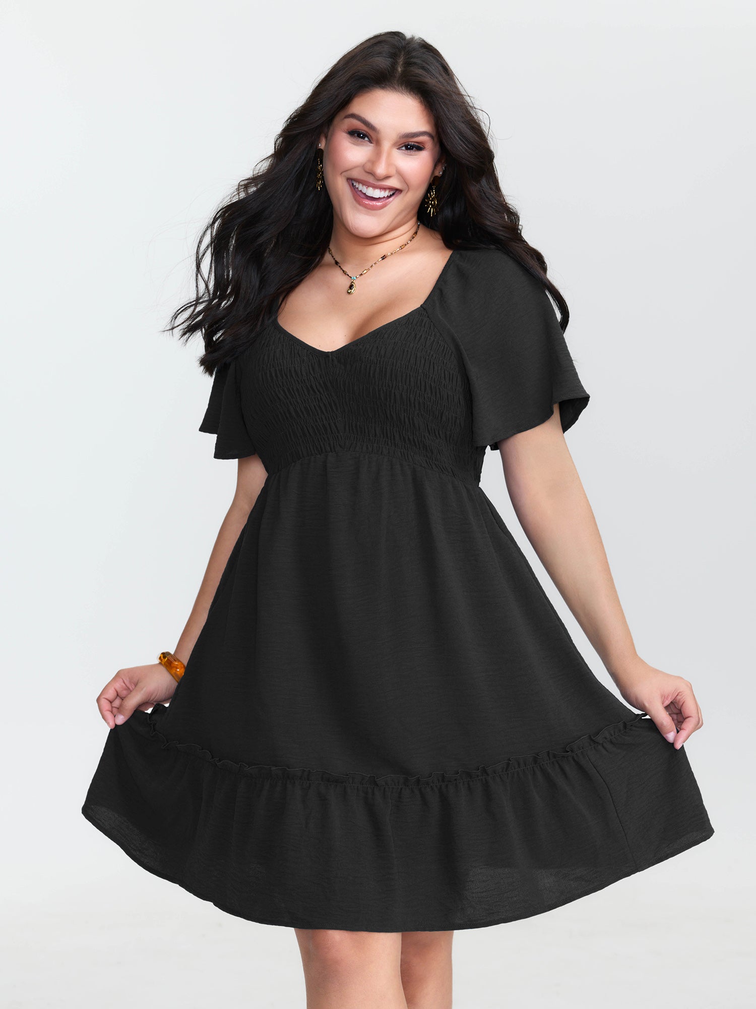 Shirred Bodice Ruffle Hem Flowy Mini Dress