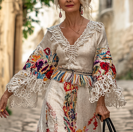 Vintage Loose Linen Patchwork Dress 6c9b